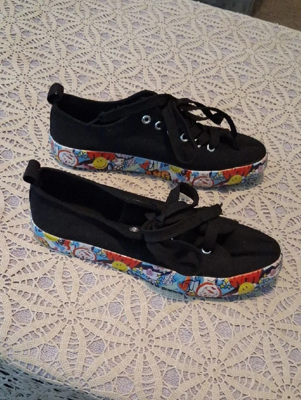 Kids Black Canvas Sneakers with Colorful Printed Toe Trim